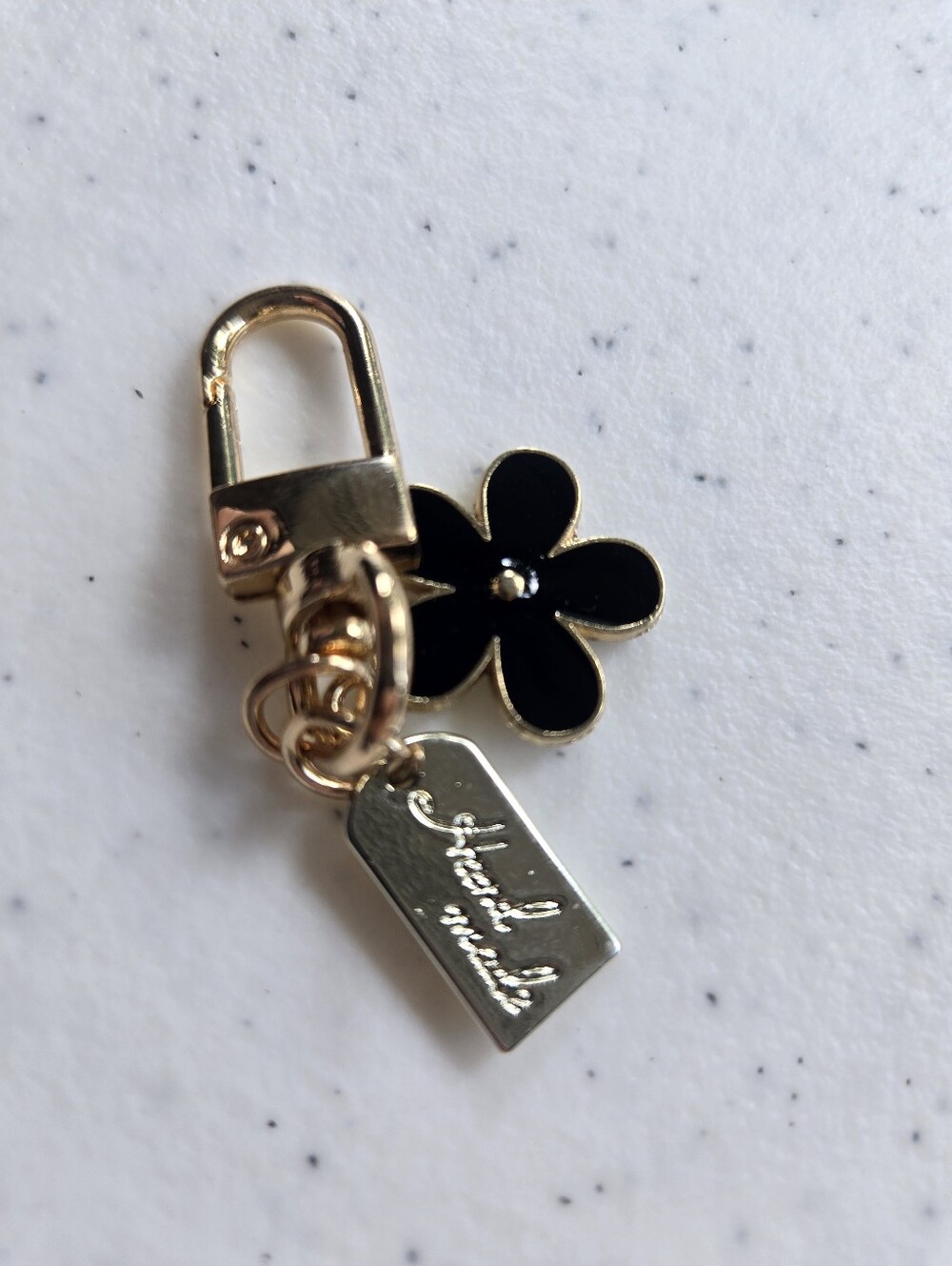 Gold Tone Key Charm with Black Flower New